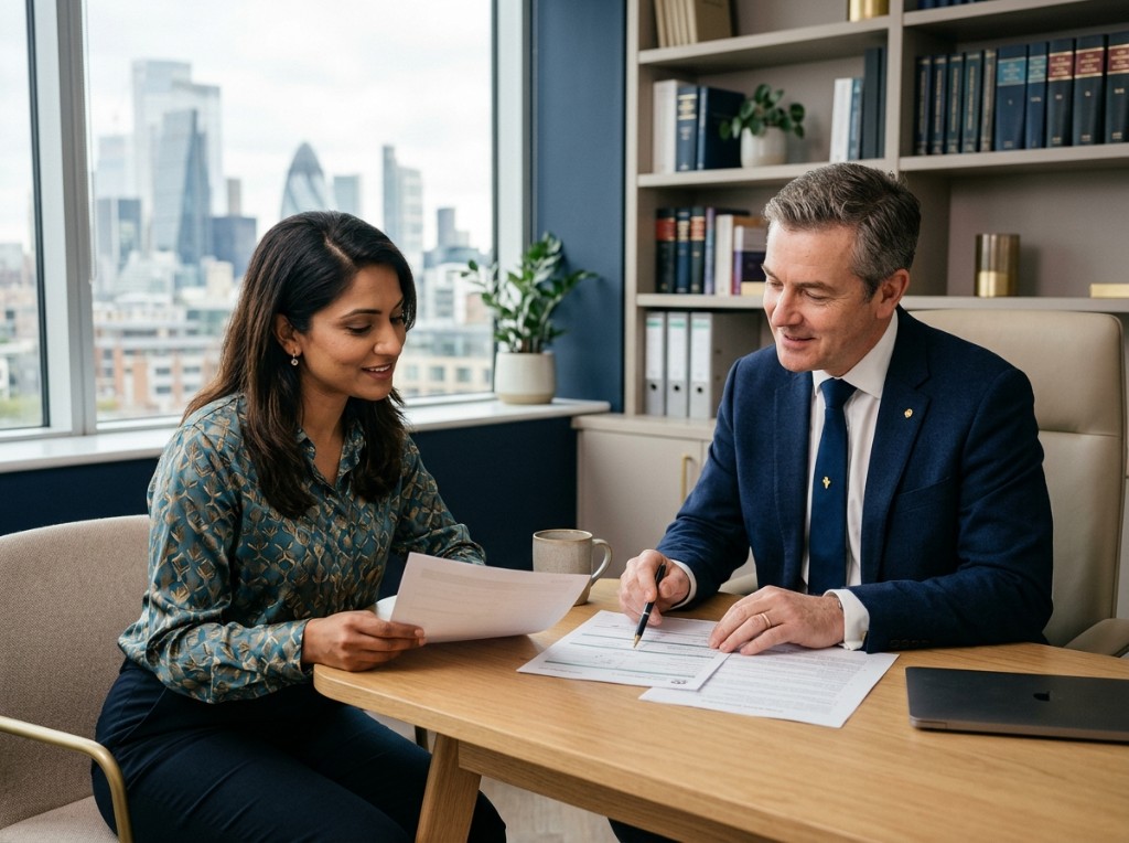 Alex Bell Immigration Law consultation — advisers reviewing documents together in a modern office